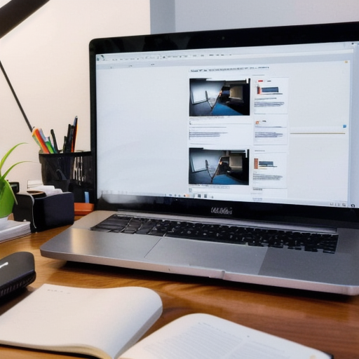 Corporate office workspace with reports and laptop, no people